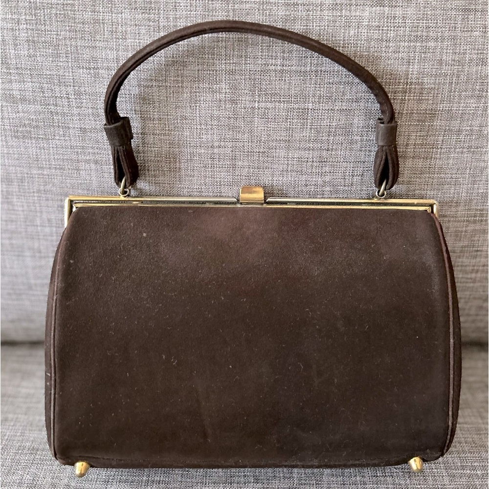 Beautiful Vintage 1960s English Made Handbag in Black Suede